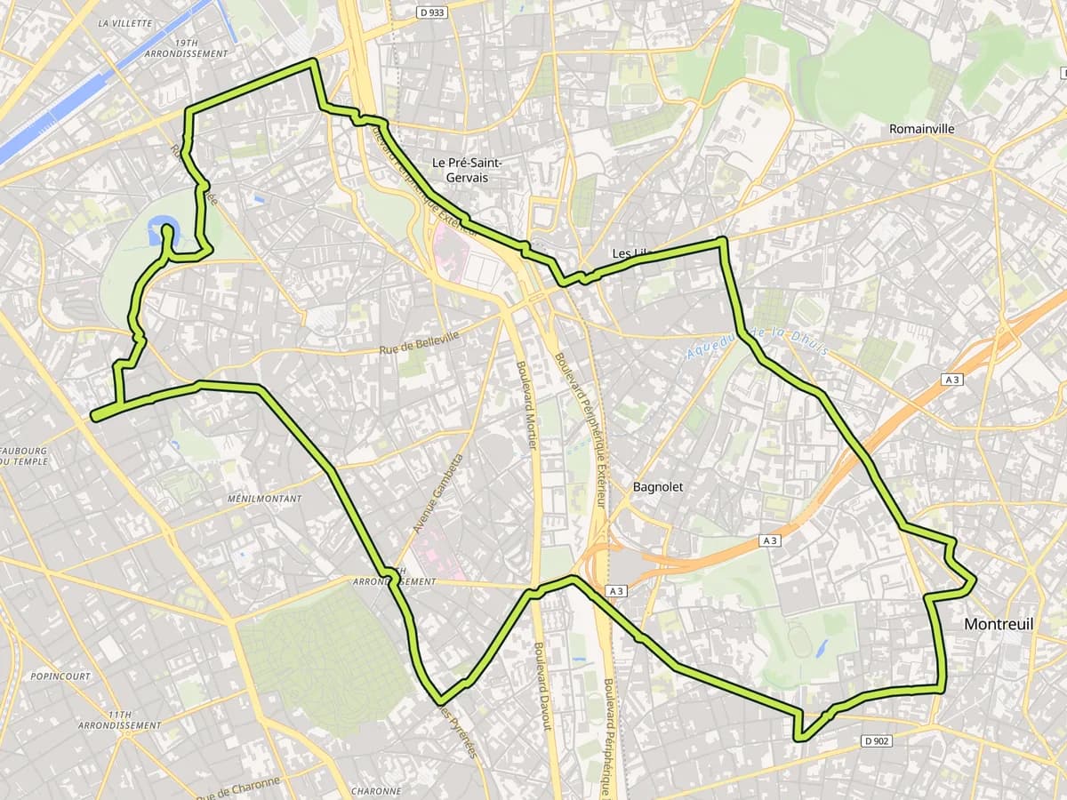 Exemple de parcours en boucle, tracé en vert citron